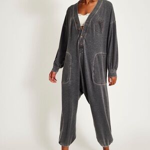 Free People Washed Charcoal V-Neck Jumpsuit with Contrast Stitching